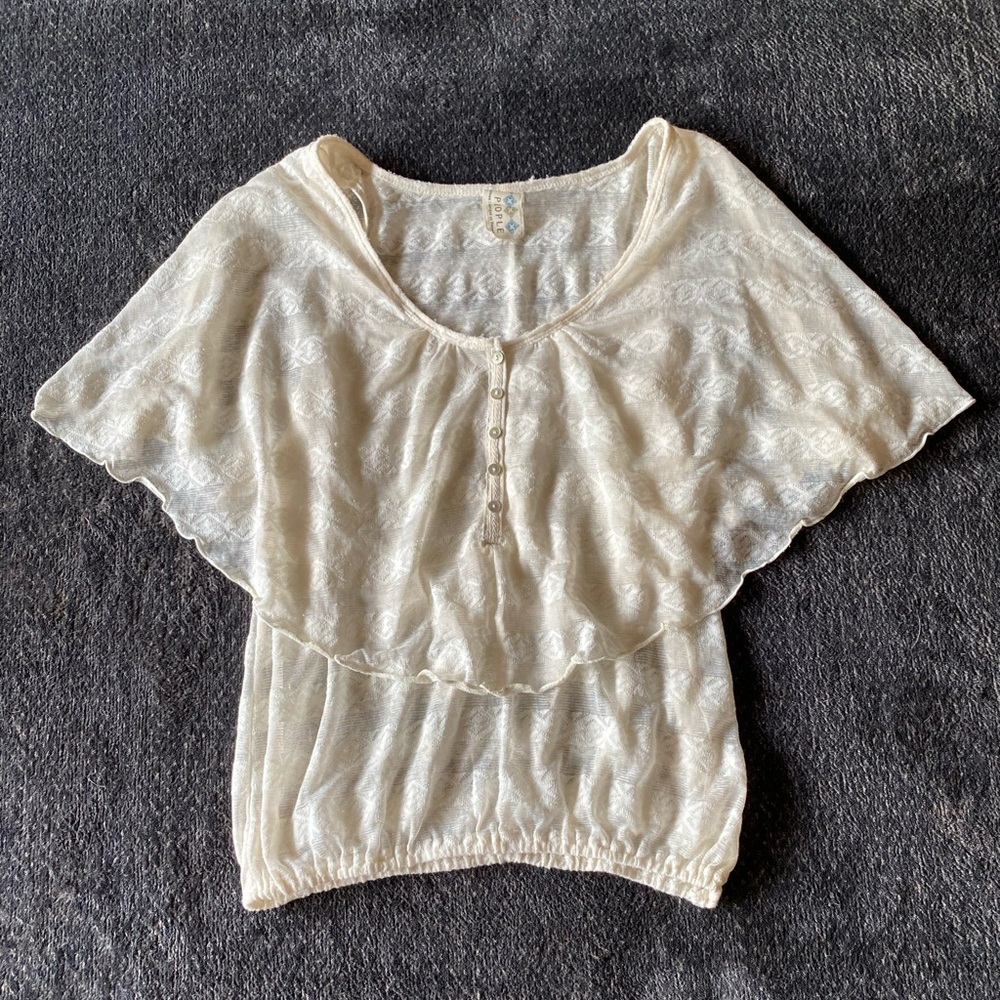 NWOT Free People feminine cream stretch lace top,flutter sleeve/shawl collar